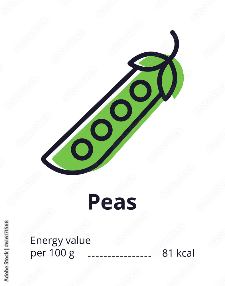 Healthy vegetarian product icon. A tasty peas icon. Energy value of peas. Vector illustration on white background Healthy vegetarian product icon. A tasty peas icon. Energy value of peas. Vector illustration on white background
