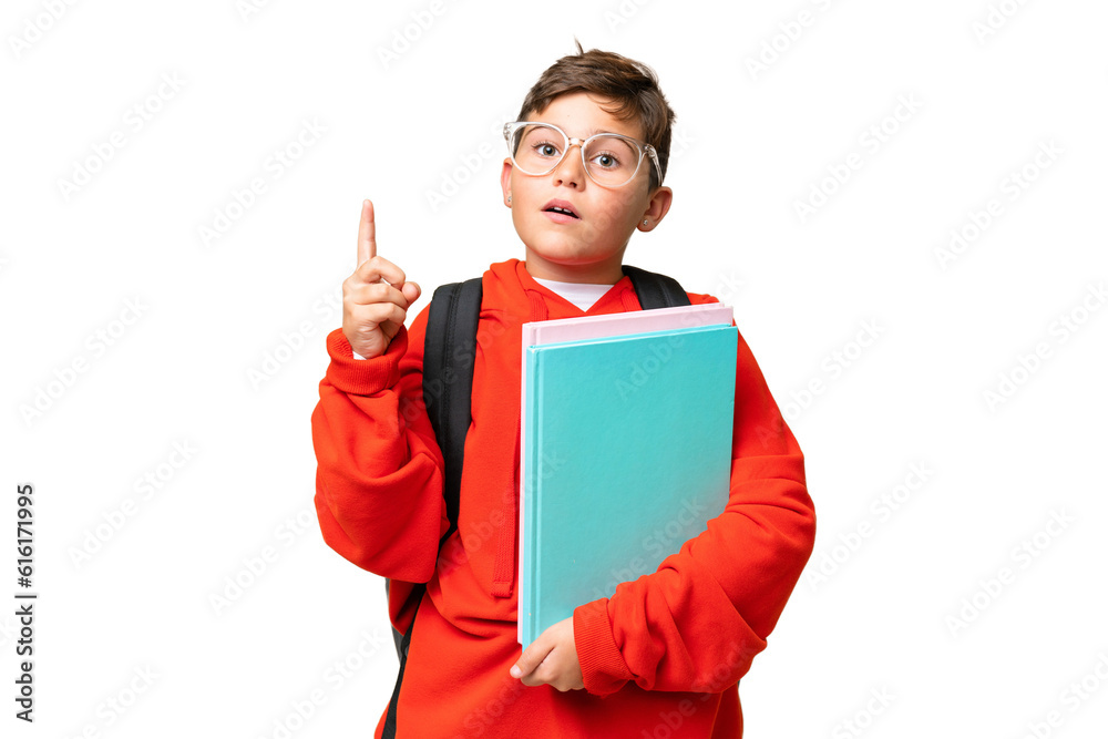 Little caucasian student kid over isolated chroma key background thinking an idea pointing the finger up Little caucasian student kid over isolated chroma key background thinking an idea pointing the finger up