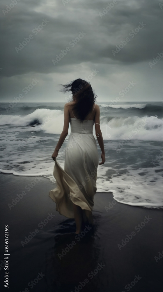 wedding woman sky nature ocean dress cloud summer beach sea storm. Generative AI.