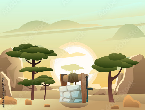 Stone well with wooden crossbar and rope for bucket. In rocky sand desert with rocks and cliffs and African acacia. Rural water source. Cartoon fun style. Flat design. Vector.
