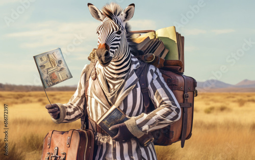 An anthropomorphic zebra dressed as a travel guide.