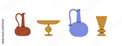 Old ancient crockery set. Vintage jug, pitcher, dish, goblet. Historical pottery collection. Traditional antique vessels, beaker, ewer, vase. Flat vector illustrations isolated on white background