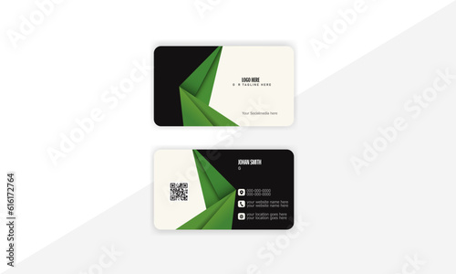 Creative corporate business card , green shape and shadow black and white vector illustration.