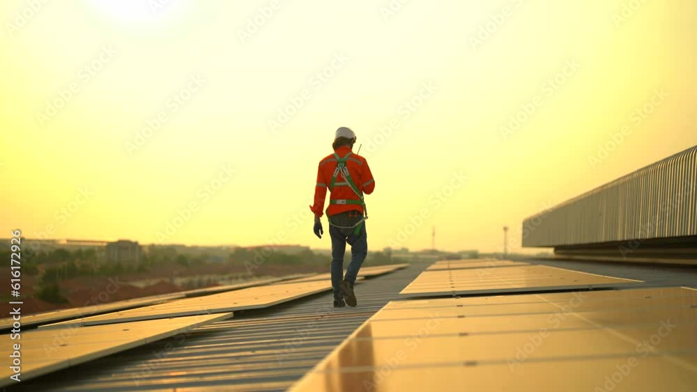 Technicians installing solar panels on metal stand. Workers installing solar panels on the roof of a house. Close-up Installation, Connection and mounting of solar panels. Workers fasten solar panels Technicians installing solar panels on metal stand. Workers installing solar panels on the roof of a house. Close-up Installation, Connection and mounting of solar panels. Workers fasten solar panels