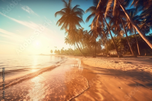 island sea sun beach sky palm sunset ocean sunrise landscape. Generative AI.