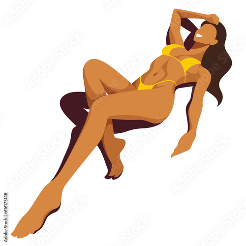 vector image on the theme of summer holidays. beautiful young tanned sexy girl in yellow bikini is sunbathing on the beach. useful for advertising summer holidays, resorts, hotels, beaches, print