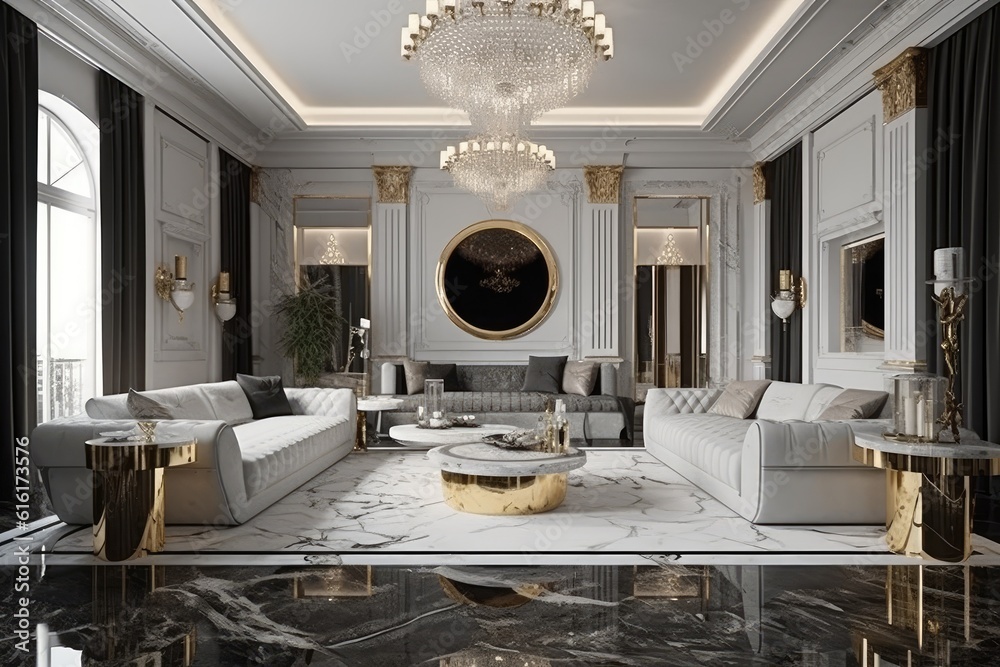 An ultra-modern living room. Sleek and minimalist design with luxurious finishes, such as polished marble floors, crystal chandeliers, and plush velvet furnishings. Generative AI