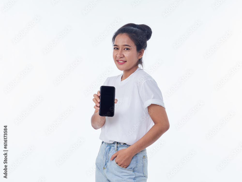 Woman showing smartphone on white background Woman showing smartphone on white background