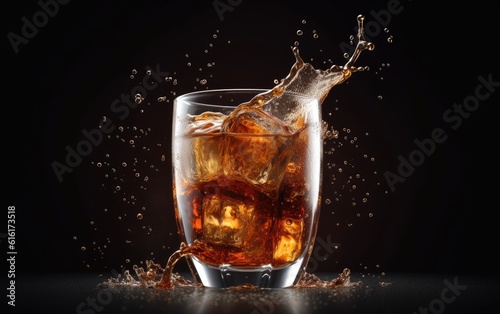 Brown soft drink in glass with splash. photo