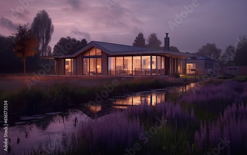 Building in a beautiful dutch farm landscape with a touch of lavender at dusk against a dark background.
