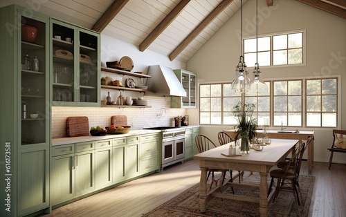 A high style ranch kitchen sage color scheme farmhouse.