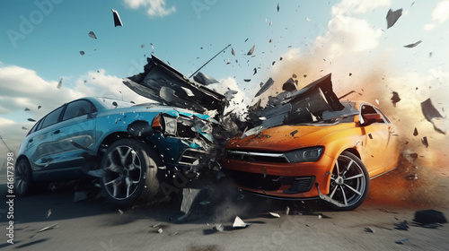 Car accident concept illustration with two cars crashing together