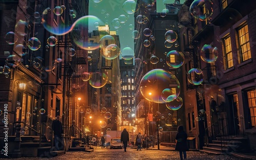 Concept art style colorful bubbles in the night city with the low light environment.