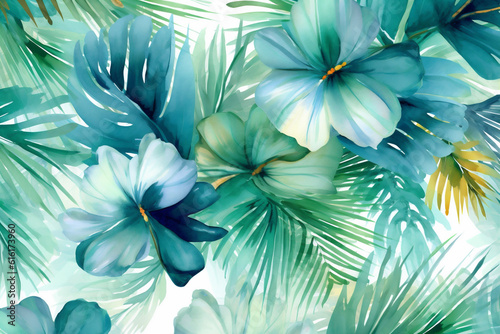 seamless design palm watercolor tropical trendy background leaf summer pattern jungle. Generative AI.