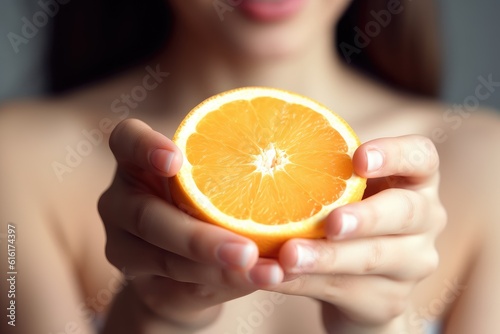 close up of orange fruit in hand of a woman taking care of her skin