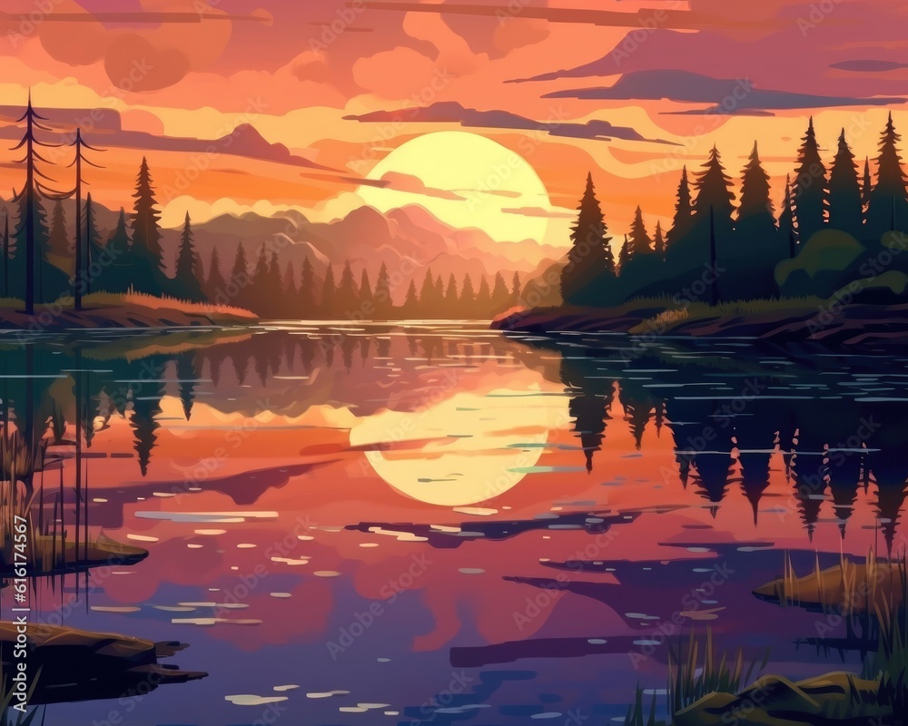 Wonderful colours of calm lake water during sunset. (Illustration, Generative AI)