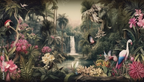 An antique drawing of a colorful jungle landscape with animals. (Illustration, Generative AI)