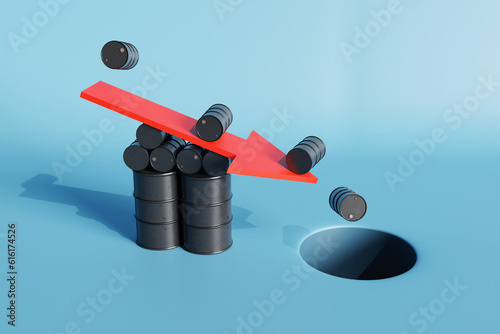 Black oil barrels falling down a red arrow plank on blue background. Illustration of the concept of dropping prices of crude oil photo