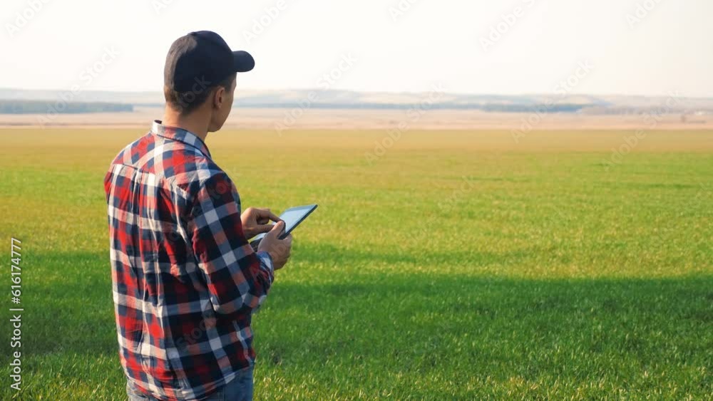 man lifestyle farmer red neck with a digital tablet walks on a green field. eco smart farming agriculture concept. male worker studies winter green wheat crops works in the field man lifestyle farmer red neck with a digital tablet walks on a green field. eco smart farming agriculture concept. male worker studies winter green wheat crops works in the field