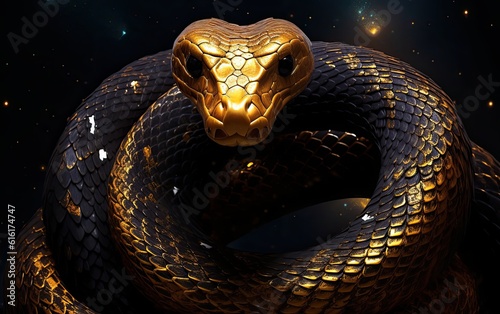 A black and gold mamba snake made nebura and gold crystal in crystalline cave. photo