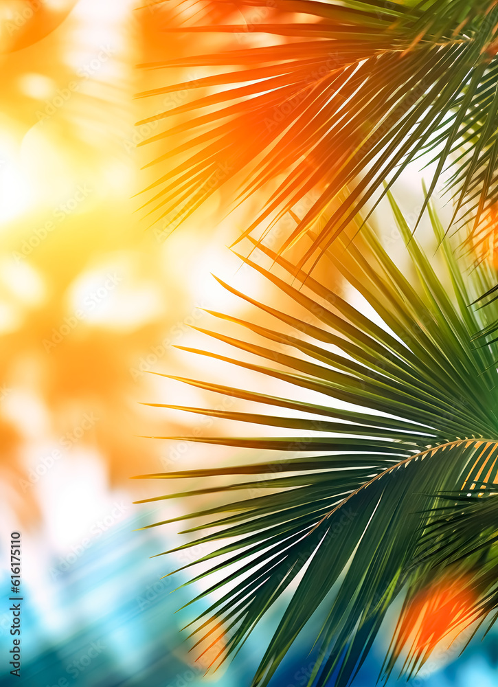 Close up of palm tree leaves  illuminated by natural sunlight. 