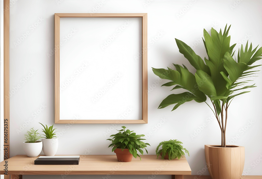 Decorative boho interior with blank artwork mockup frame on the wall, plants on wooden table, poster display. Scandinavian Modern interior. Decorative boho interior with blank artwork mockup frame on the wall, plants on wooden table, poster display. Scandinavian Modern interior.