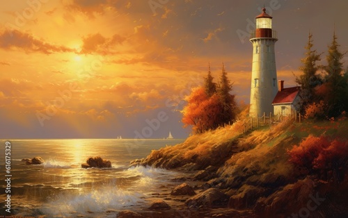 An atmospheric oil painting that captures the serene beauty of a lighthouse in its coastal setting.