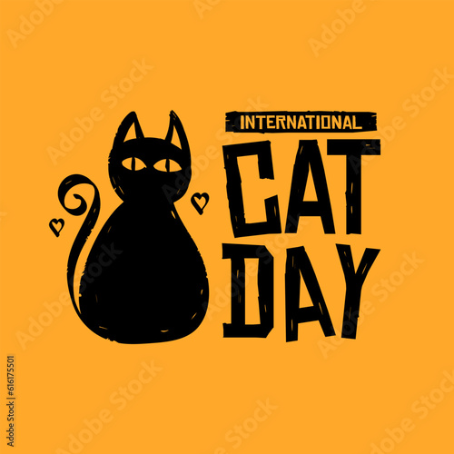 Simple International Cat Day Banner With Hand Drawn Cat Silhouette and Bold Logo Title photo