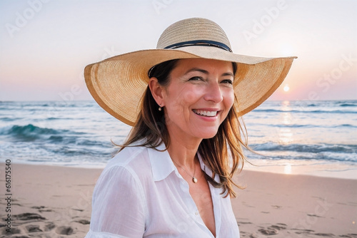 portrait of a mature woman in a hat on beach, happy, smiling, generative AI © Heidi Dawson