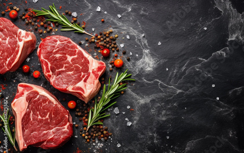 Fresh raw meat on black board top view, variety of beef steak, spices, herbs for cooking, grilling, black angus prime, striploin, rib eye, sirlion, view from above, text copy space. generative ai photo