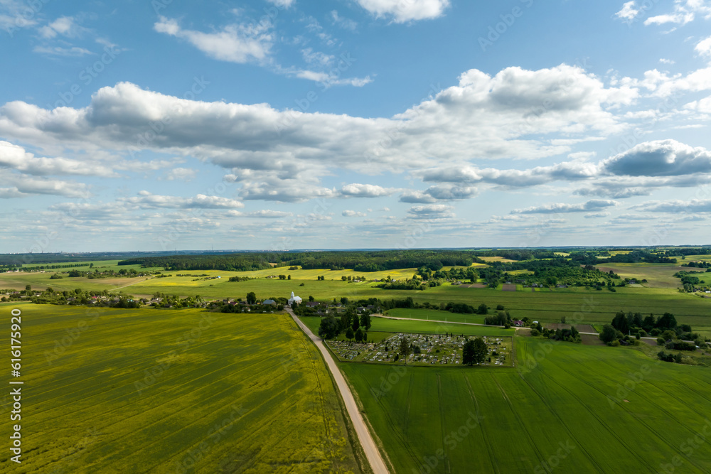 aerial panoramic view on blue sky dome background with white striped clouds in heaven and infinity may use for sky replacement