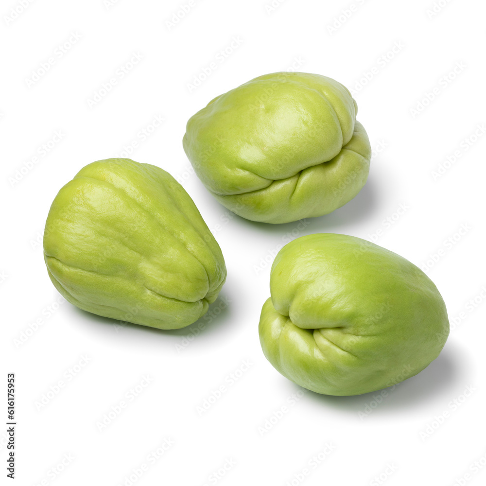 Group of whole single fresh chayote isolated on white background Group of whole single fresh chayote isolated on white background