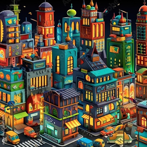 3D cartoon illustration of a lively cityscape filled with quirky buildings and cheerful inhabitants
