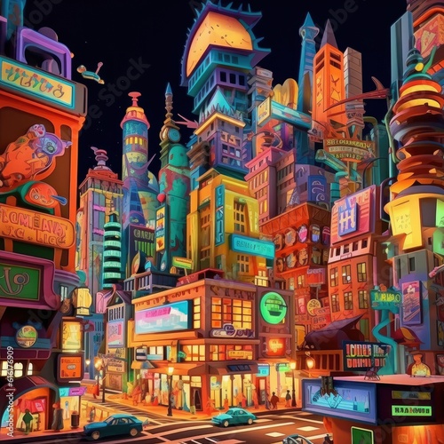 3D cartoon illustration of a lively cityscape filled with quirky buildings and cheerful inhabitants