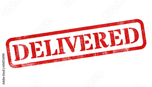 Delivered red rubber stamp isolated on transparent background with distressed texture effect