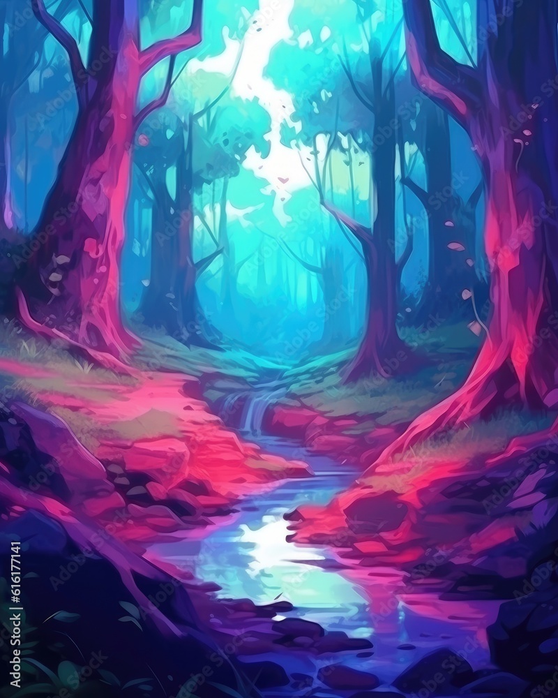 The painting portrays a dreamy forest landscape with tender design. (Illustration, Generative AI)