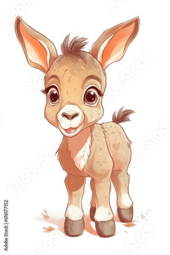 Cute baby Donkey in Cartoon Style on white background - generative AI