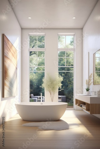 The luxurious bathroom flaunts designer flair, tub, and sunlight. (Illustration, Generative AI)