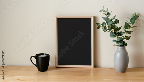 Minimal Vertical wooden picture frame mockup. Wooden table, desk. Minimal organic shaped vase etc.