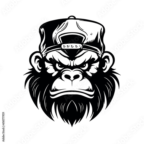 Vector drawing head of a monkey in a baseball cap on a white background