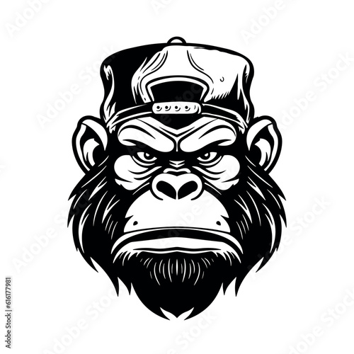 Vector drawing head of a gorilla in a baseball cap on a white background