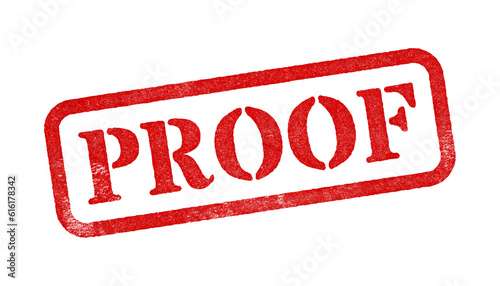 Proof red rubber stamp isolated on transparent background with distressed texture effect