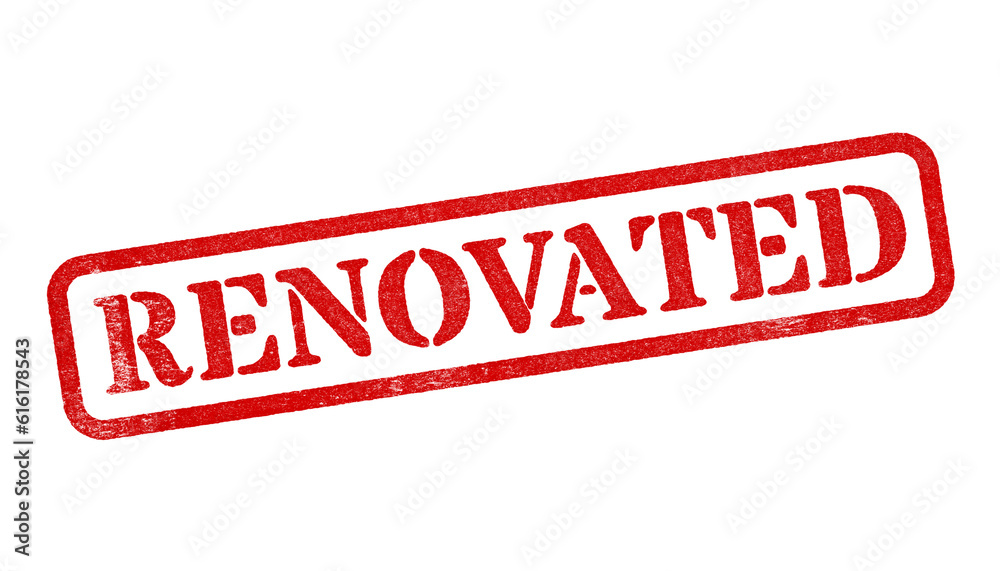 Renovated red rubber stamp isolated on transparent background with distressed texture effect Renovated red rubber stamp isolated on transparent background with distressed texture effect
