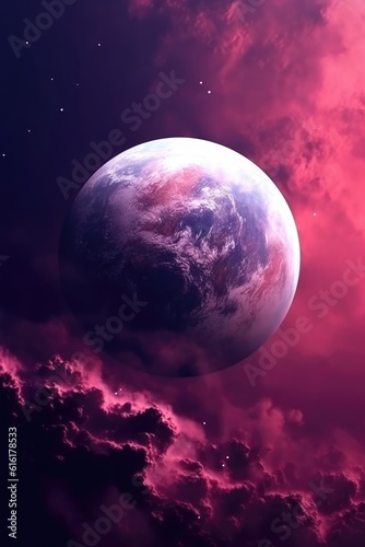 A mysterious planet with pink and purple clouds and backdrops. (Illustration, Generative AI)