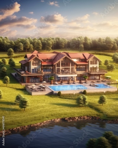 A huge luxury modern house for country living. (Illustration, Generative AI) © HandmadePictures