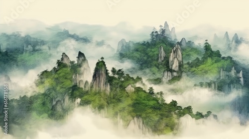 Green trees amidst fog seen atop a mountain in panorama. (Illustration, Generative AI)