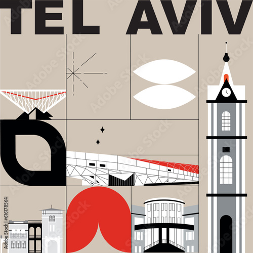 Typography word Tel Aviv branding technology concept. Collection of flat vector web icons. Israel culture travel set, architectures, specialties detailed silhouette. Doodle famous landmarks.