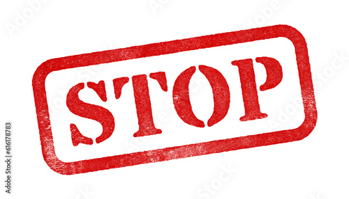 Stop red rubber stamp isolated on transparent background with distressed texture effect