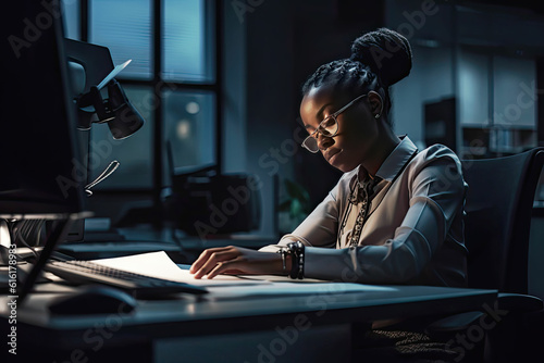 Overnight work, Tired and stressed Americam black woman sitting on her work space. Bored female working during the late evening, night. Generated Ai