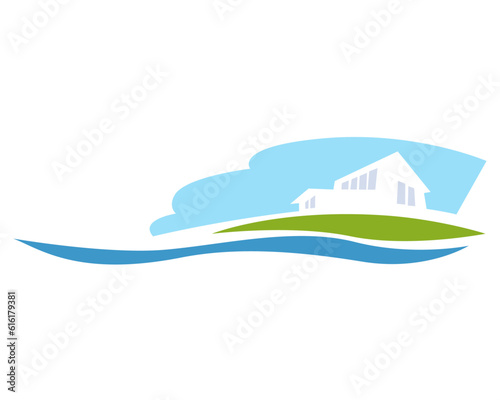 Real estate agent logo. A stylized image of a beach house on the shore of a lake.